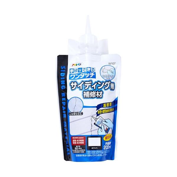 アサヒペン 充填材 コーキング材 ワンタッチ サイディング用補修材 200ml W107 ホワイト 手絞りパウチ ヘラ付き 塗料の上塗り可能 屋内外 雨漏り補修