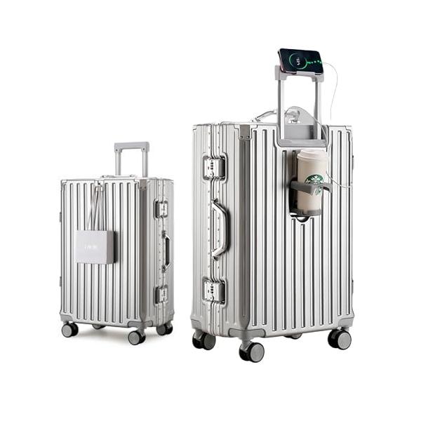 [Yuweijie] スーツケース アルミフレームタイプ キャリーケース 機内持込可 シルバー s/m/l/xlサイズ 3泊4日 55l 多機能 バッグかけフック付き キャ