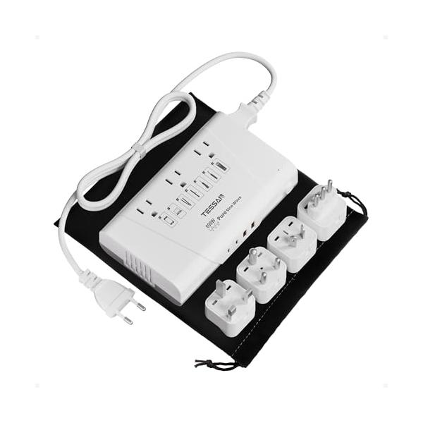 TESSAN 変圧器 600W 海外旅行用 純正弦波 220Vから100V 変圧器付き変換プラグ BF/O/L/B3/Cタイプ 1.2M延長コード付 PD35W QC30W急速充電 イギリス オ