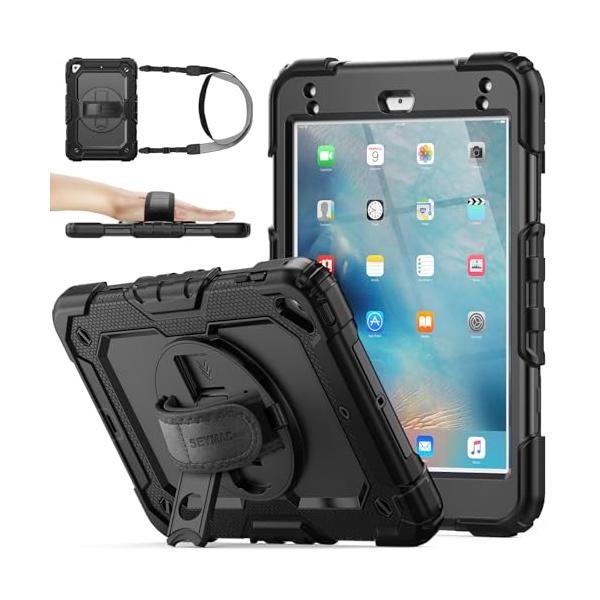SEYMAC stock iPad Mini5/Mini4専用 ケース 耐衝撃 保護フィルム付き ペン収納 360°回転スタンド ハンドストラップ ショルダーストラップ 全面保護