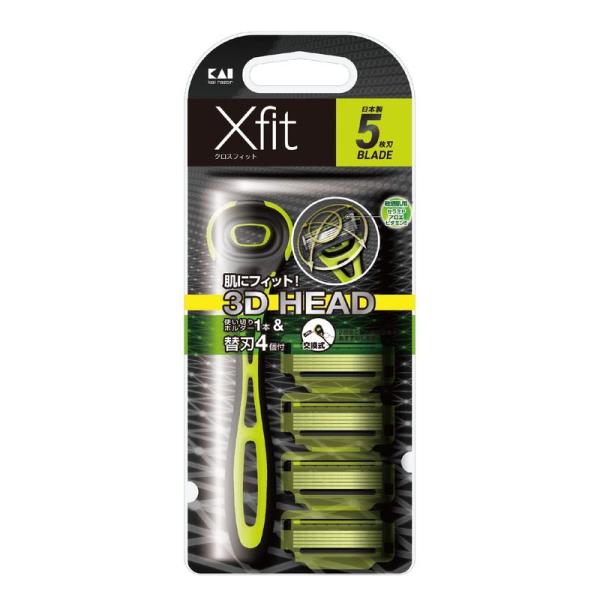 ◆商品名はコチラ：貝印 Xfit 5枚刃 (替刃 4個付 1セット) 髭剃り カミソリ メンズ 男性 敏感肌 本体+替刃4個 グリーン,ブラック 1個 (x  ◆商品情報：・?q??????????????d?l??D???????????...