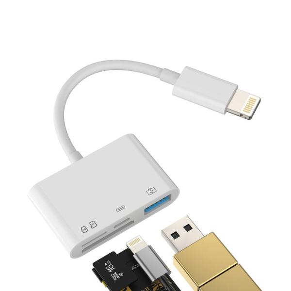 iPhone SDカードリーダーMicro SD USB3.0同時高速充電アダプター(4 in 1)Lightning充電ケーブルフラッシュ