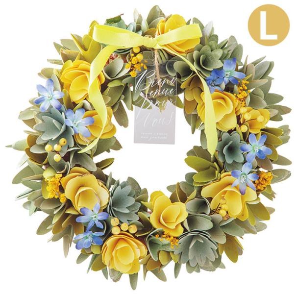 小花が咲くお庭をイメージしたデザインのリース。細身のリボンで可憐な雰囲気。【透明プレートの訳】Bienvenue：ようこそPour Vous：あなたのためにGARDONS LE SOURIRE：笑顔でいようune journee：1日【サイ...