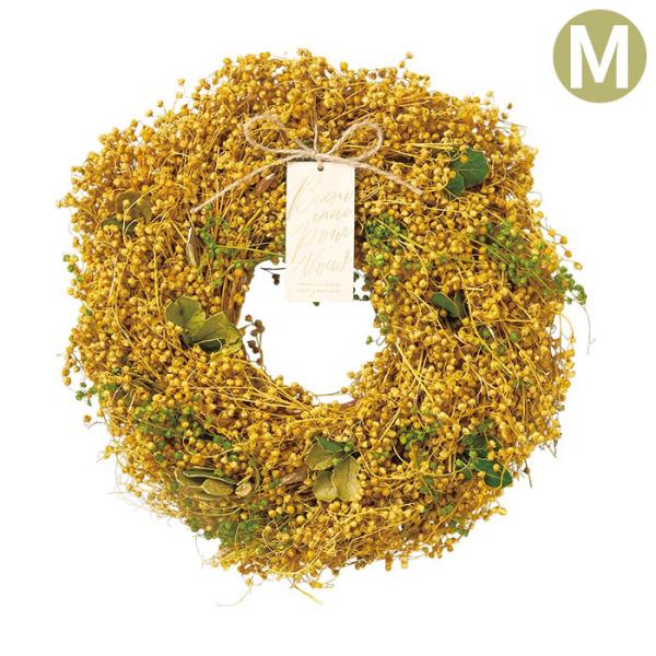 ドライフラワーのミモザをイメージしたリース。【木製プレートの訳】Bienvenue：ようこそPour Vous：あなたのためにGARDONS LE SOURIRE：笑顔でいようune journee：1日【サイズ】約幅270×奥行75×高さ...