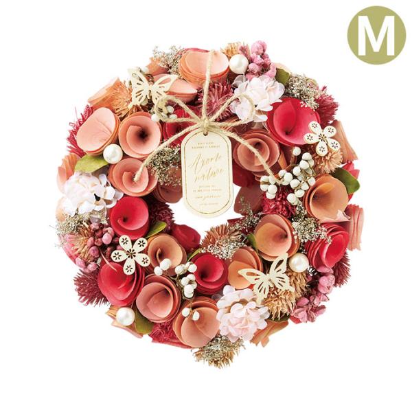 不動の人気のベーシックピンクのリース。【木製プレートの訳】PETIT FLEUR・小さな花GARDONS LE SOURIRE：笑顔でいようArome：香りnature：自然REVIENS TOI, OH MON PETIT BONHEUR...