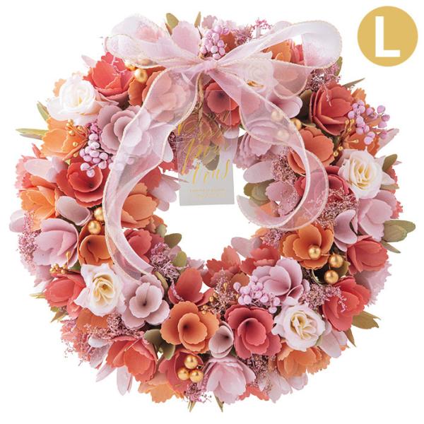 透けるシフォンとやさしいきらめき。淡いピンクが春の訪れを感じさせるリース。【透明プレートの訳】Bienvenue：ようこそPour Vous：あなたのためにGARDONS LE SOURIRE：笑顔でいようune journee：1日【サイ...