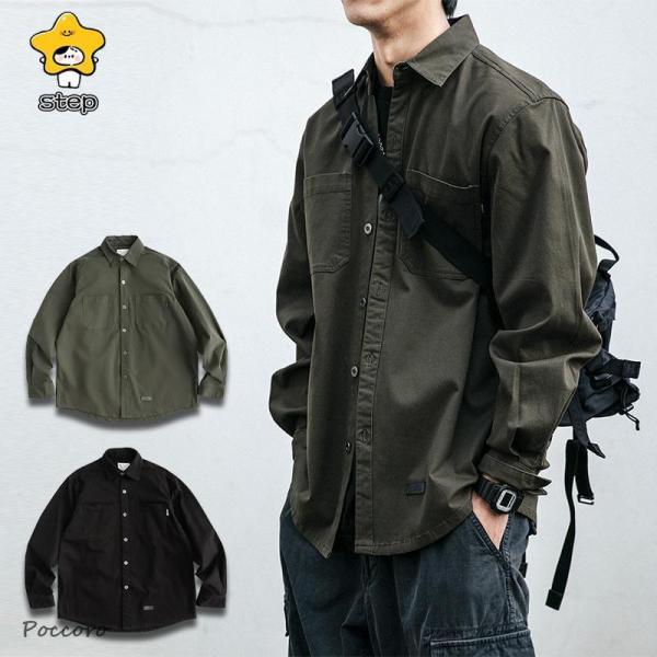 シャツ メンズ 長袖 ワークシャツ シャツジャケット ポケット付き ストリート 作業服 ワークウェア カジュアル 無地 春秋冬