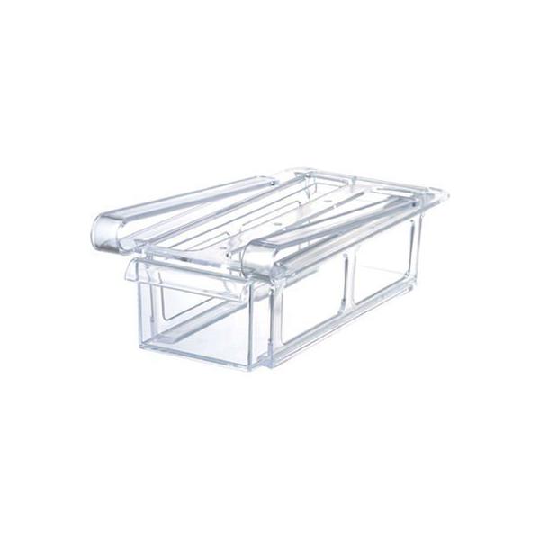 冷蔵庫の棚に取り付ける小物収納トレーサイズ D205×W103×H73mmカラー CR材質 本体/スチロール樹脂　両面テープ/基材アクリルフォーム・粘着剤アクリル系