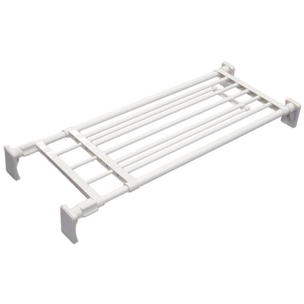 耐荷重もたっぷり。収納力もたっぷり！取付範囲 幅75〜120cm棚全奥行約33.5cm・棚奥行30.5cm材質 (パイプ）鉄パイプ、エポキシ樹脂粉体塗装　（樹脂部分）ABS樹脂、PP樹脂、合成ゴム（ネジ）鉄製、メッキ仕上げ　