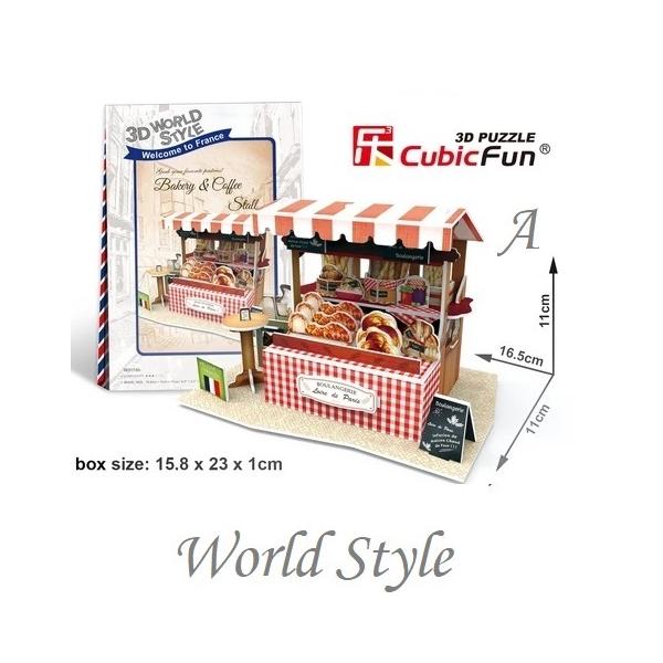 ３D立体組み立てパズル　World Style  フランス　ベーカリー＆コーヒースタンド　花屋さん　クレープ屋さん　お届け方法ゆうパケットメール便で２個迄　指定日代引き不可　個数によってお届け方法が変わります。ハサミ　カッター　ノリ不要　組...