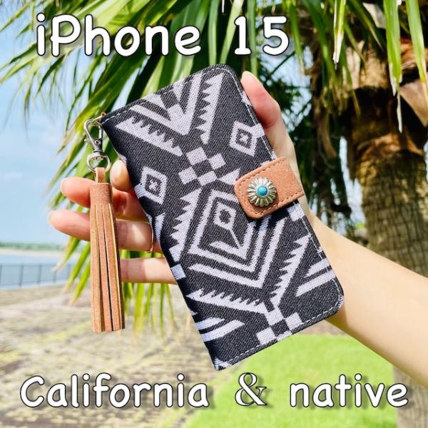 iPhone15 レザーケース☆フリンジストラップ/ネイティブ&コンチョ