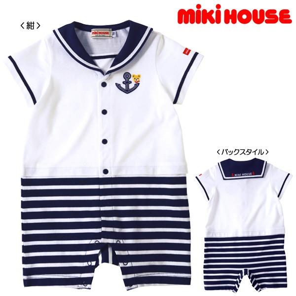 ミキハウス ショートオール セーラーカラー☆プッチー ベビー服 子供服 ロンパース 男の子 前開き 　70-80cm　  mikiHOUSE［12-1306-780］　 　 20cp