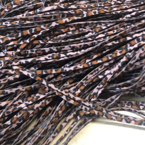 ヘアゴムやブレスレット、ヘアバンドなどアクセサリー作りに。手作りマスク用のゴムとしても。カラー レオパード  ヒョウ柄　ピンク素材  ポリエステル　綿幅 フラット約3mm2m