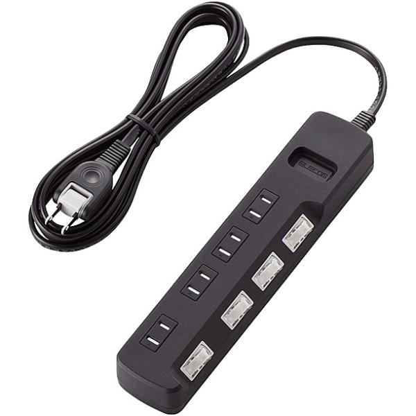 ELECOM T-K6A-2425BK ���K�[�h�^�b�v/ �ʃX�C�b�`/ �ق���h�~�V���b�^�[�t/ 4��/ 2.5m/ �u���b�N