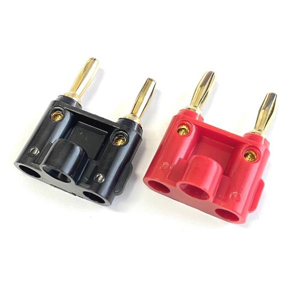 高品質 金メッキ ダブルバナナプラグ 赤黒 2個セットコネクター：Φ4mm ダブルバナナプラグ (後方ジャック)プラグ間：19mm対応ケーブル径：Φ2.8mmサイズ：40mm×30mm×16.5mm一度に2端子のバナナプラグを抜き挿しできる...