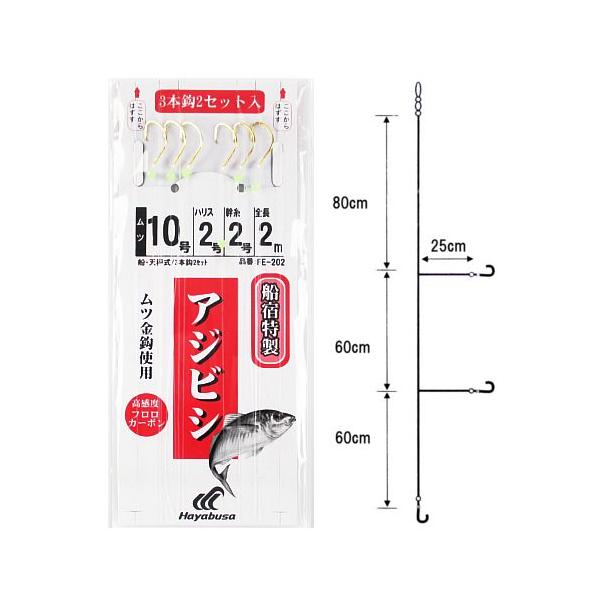 発光玉3個 ●全長:2M ●使用針:ムツ(金) ●針号数:10号 ●ハリス号数:2号 ●幹糸号数:2号 ●エダス長さ:25cm ●セット組数:2セット入 ●一組針数:3本 ●釣り方、フィールド:船釣り（浅場） ●代表対象魚:アジ（鰺）|【ハ...