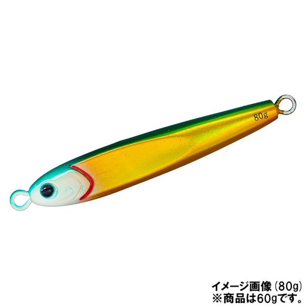 ダイワ  ●カラー:アデルフラッシュグリーンゴールドグローヘッド ●サイズ:60g ●全長:68mm ●自重:60g ●フック:(フロント)ティンセル付きタンデム、(リア)ティンセル付きシングル ●釣り方、フィールド:ソルトルアー（オフショ...