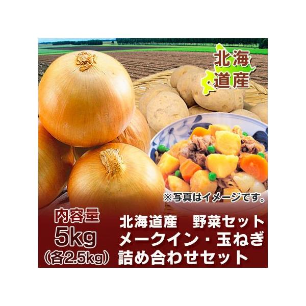 名称：野菜セット 北海道 じゃがいも メークイン・たまねぎ / タマネギ / 玉ねぎ内容量：野菜 詰め合わせ 5kg (箱含む総重量) Lサイズ（ メークイン 2.5kg ・ たまねぎ 2.5kg ）保存方法：じゃがいも メークイン は、ダ...