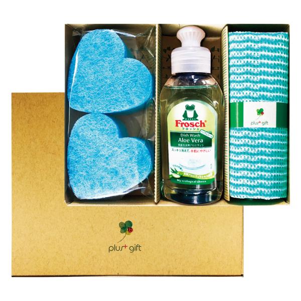 自然にやさしく、使う人にもやさしい食器用洗剤フロッシュのギフトセットです。木のように素朴で自然な手触りの紙を使用した化粧箱入り。【材質】クロス:ポリエステル100%【セット内容】ハートのスポンジ×2、食器用洗剤（アロエヴェラ）（オーストリア...