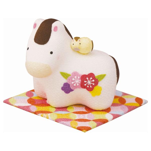 午(馬)の歳 干支飾り ちりめん 花親子 午 (大) 白 敷物付 手作り