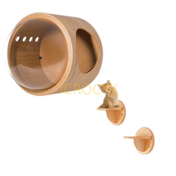 猫ハウス 宇宙船 透明キャットハウス キャットタワー 木製 壁付け対応