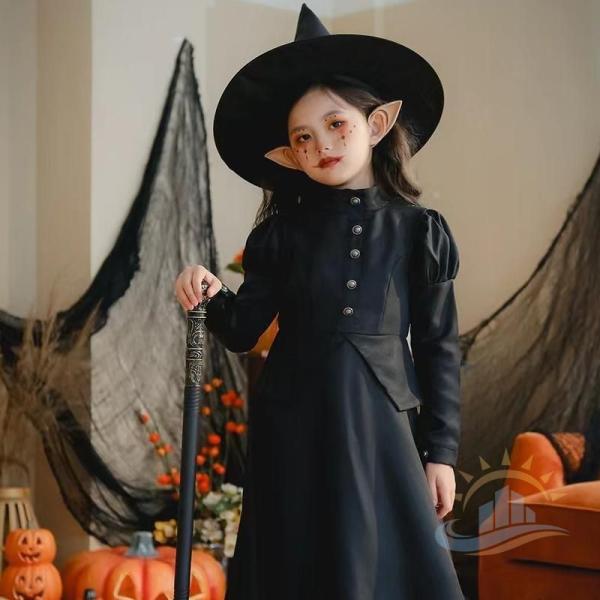女の子ハロウィーン　衣装魔女デビルブラック　３点セット帽子付き　黒子供コスプレ精霊　ゾンチー　ワンピースハロウィーン　吸血鬼小学生中学生　省スペース