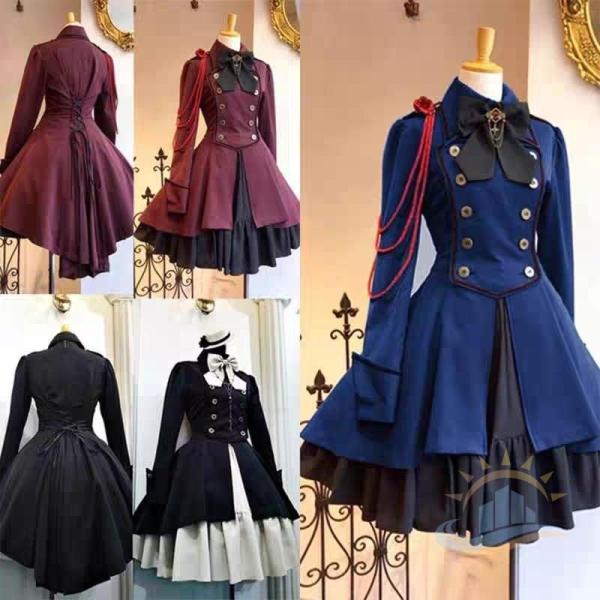 膝丈ワンピース　軍服風　スカート４色　ロリータ　ゴスロリ　長袖　衣装　ワンピース　ドレス　ゾンチー　コスプレ　制服　普段使いに　幅広いスタイルに