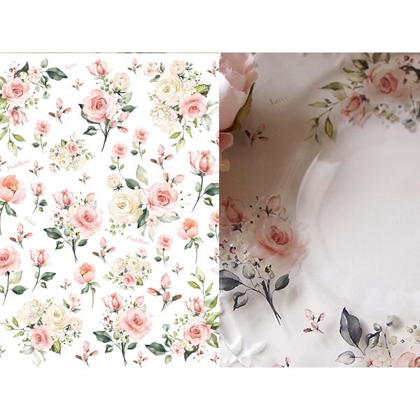 ガラス用】水彩 ピンクローズ転写紙 薔薇 バラ 花 ポーセラーツ 転写紙