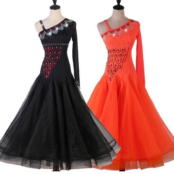 送料無料 ダンス衣装 社交ダンス レビューを書けば送料当店負担 大きい裾 豪華 演出用 パーティー用 ブラック ワルツダンス ラテン サイズ指定可