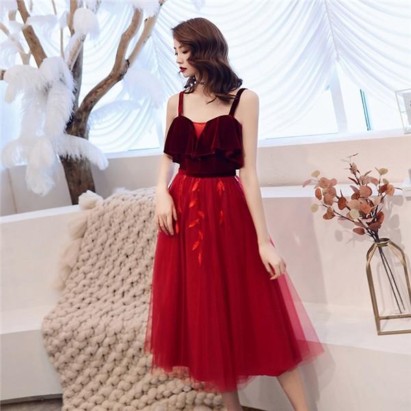 パーティードレス 結婚式 ワインレッド ミモレ丈 一部予約 ワンピース フォーマルドレス 披露宴ドレス 演奏会 舞踏会 韓国 ドレス ブライズメイド