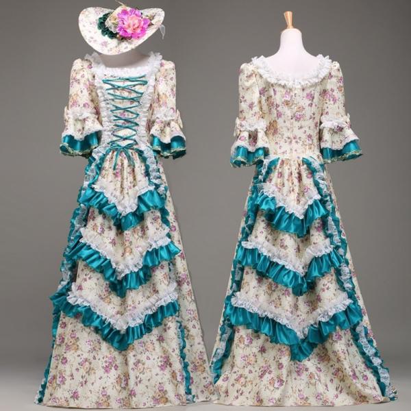 田園風ドレス 豪華ワンピース 長裾 王族服 フリル裾 演出服 復古風 花