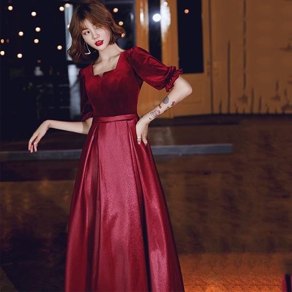 Aラインドレス ロングドレス 母親 ワンピース ベルベット 演奏会 発表会 結婚式 ワインレッド
