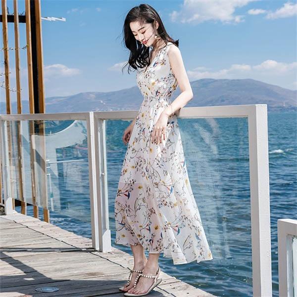 ワンピース 大人可愛い 花柄 Vネック ノースリーブ ロング丈 夏ワンピ 可愛い Aライン きれいめ リゾートワンピ 旅行 デート 売上実績no 1