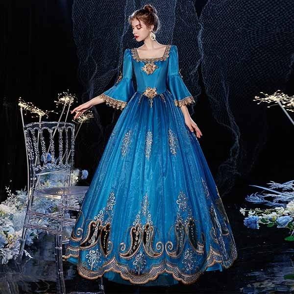 貴婦人 貴族 ドレス 中世ヨーロッパ お姫様 女王様ドレス ロングドレス カラードレス 豪華なドレス ステージ衣装 舞台衣装 王族服