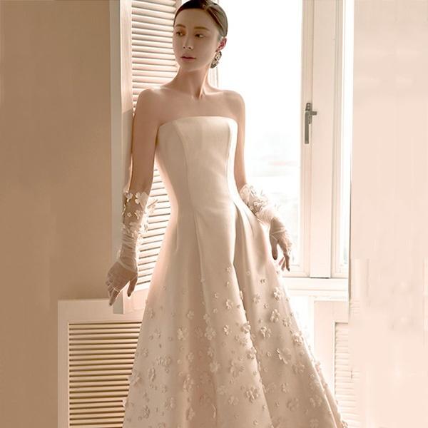 ウェディングドレス プリンセスドレス Aライン サテン 光沢感