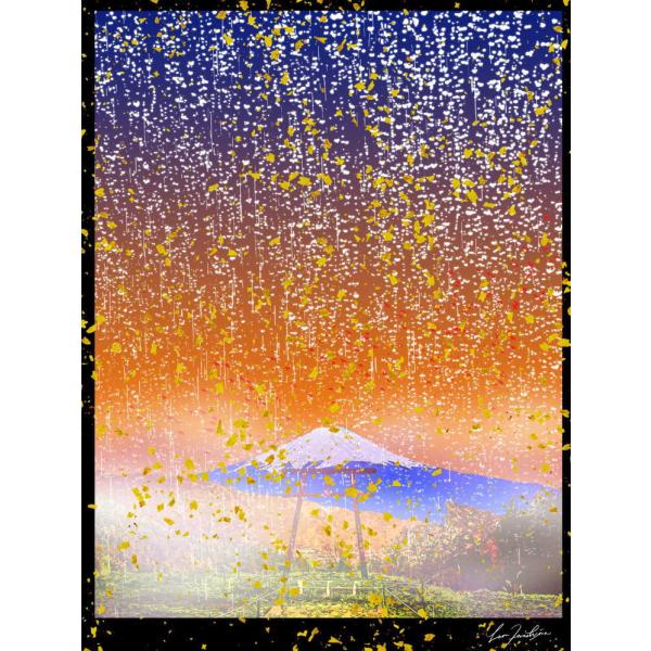 天才画家レオンテラシマ世界限定たった5部 18金金粉を大量に散りばめた 約850x1000mm額含む展示作品　過去最大級の大作 世界遺産の富士山と浅間神社の四季を描く