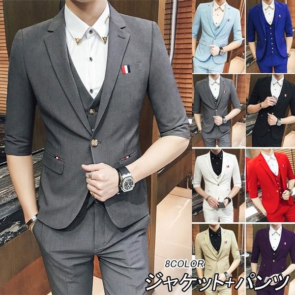 2ピーススーツ メンズ 七分袖 パンツ ジャケット カジュアルスーツ