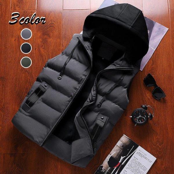 中綿ベスト ダウンベスト メンズ トップス 無地 軽い フード付き チョッキ 秋 冬 暖かい あったかい 着楽