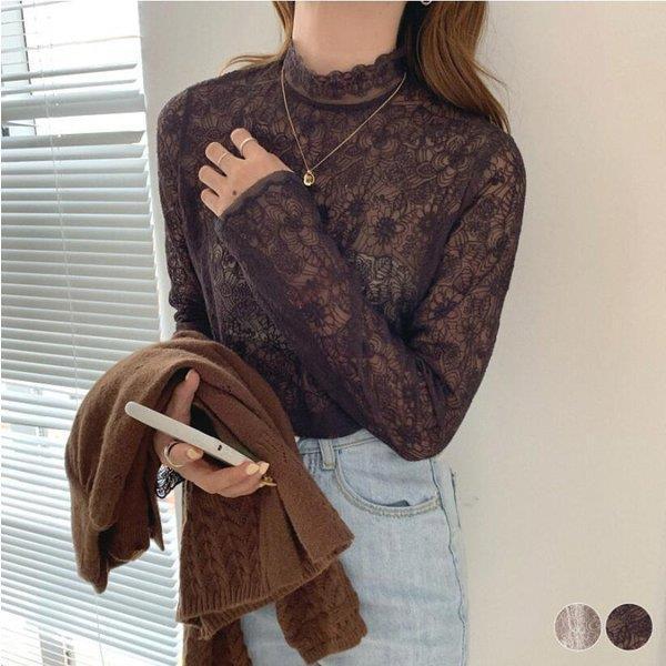 レース トップス レディース インナー レースインナー ハイネック 刺繍 ブラウン ベージュ 韓国ファッション Ppap Picoo 通販 Yahoo ショッピング