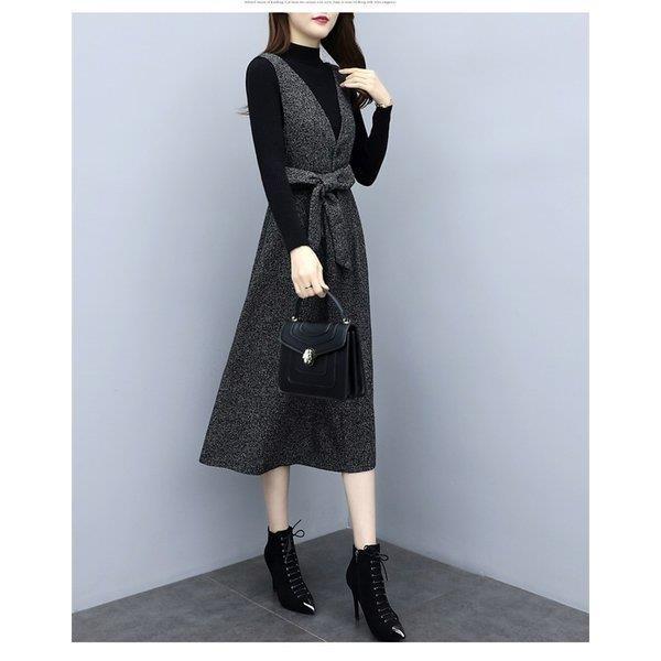 セットアップ レディース 秋 冬 ジャンパースカート 秋新作 Vネック ロング ベルト付き きれいめ ベストワンピース 2点セット ニットソー 黒 着痩せ 通勤 Ol Xrx Picoo 通販 Yahoo ショッピング