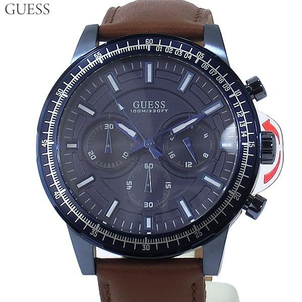 GUESS ゲス メンズ 腕時計 クロノグラフ ブルー/ブラウン レザー 45mm