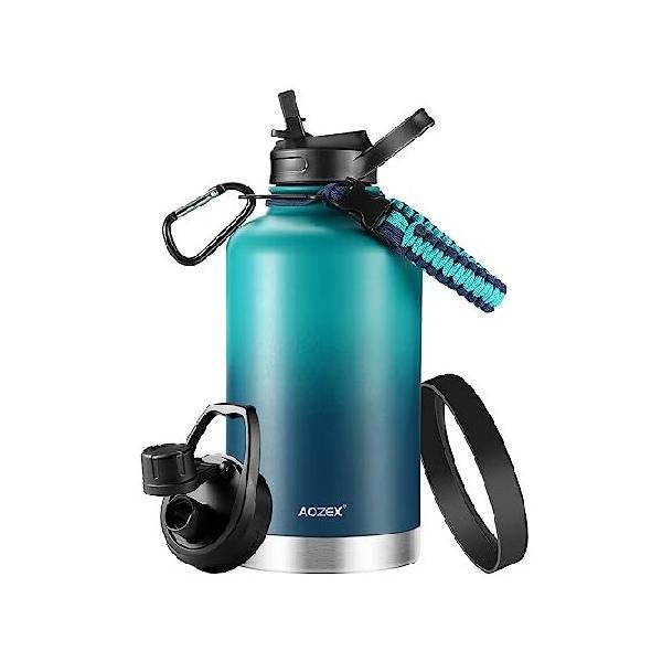 DayisTools 64 oz Insulated Water Bottle with Straw & 4 Lids, Half Gallon Large Metal Reusable Water Bottles, Big BPA Free Stainless Steel Vacuum