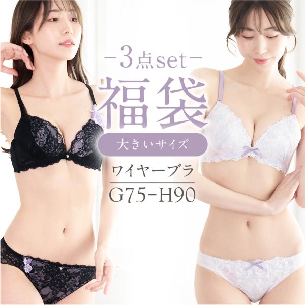 G H カップ 福袋 大きいサイズ 3点セット ブラセット ショーツ レディース おまかせ セクシー フェミニン ワイヤー 刺繍 レース 花柄 女性 下着  75 80 85 90