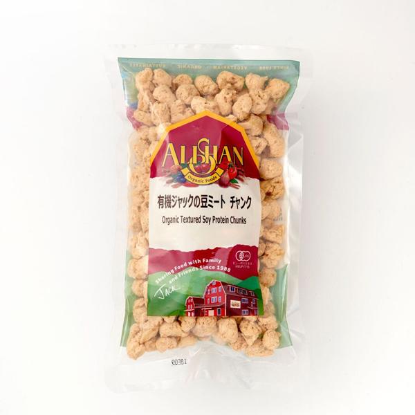 ジャックの豆ミートのチャンクタイプ【有機JAS認定品】■英名： Textured Soy Protein Chunk■原産国： オーストリア■原材料： 大豆（非遺伝子組換）■製造日からの開封前賞味期間： 10ヶ月