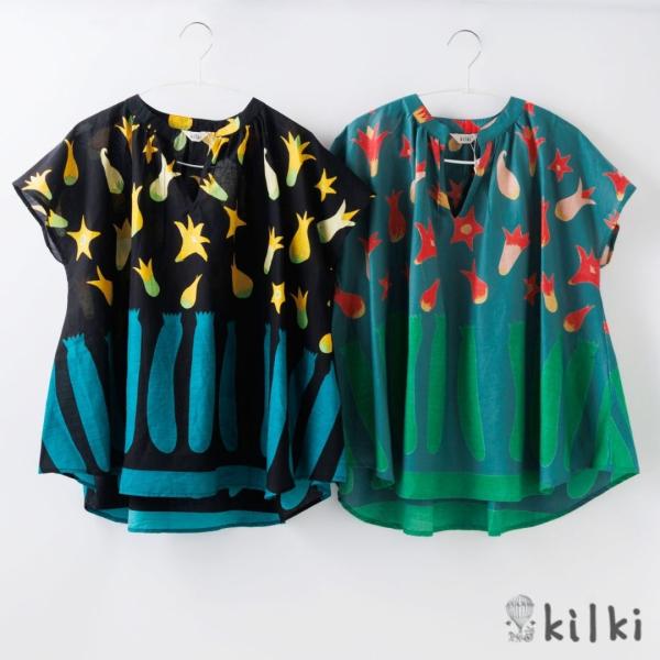 キルキー KILKI ブラウス ズッキーニ 半袖 前開き レディース 綿100 春 夏 ゆったり 通気性 デザイン 柄 レトロ かわいい おしゃれ 大人 ハンドメイド ギフト プ