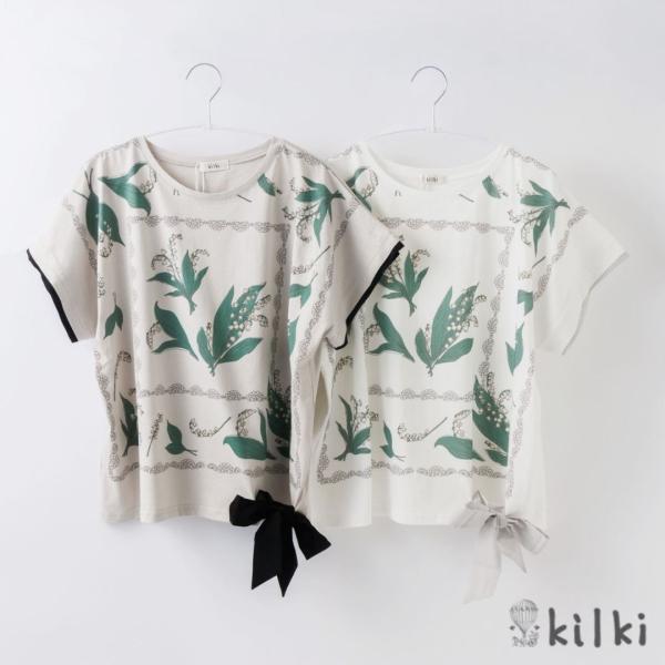 KILKI キルキー リボン Tシャツ レディース 半袖 リリー 綿100 ゆったり ブランド 体系カバー 春 夏 白 花柄 すずらん かわいい おしゃれ 大人 ハンドメイド ギ