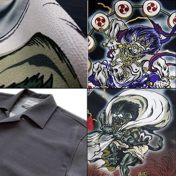 絡繰魂　ちりめんプリントシャツ　半袖　和柄　アロハシャツ　M 絡繰魂 風雷神ちりめんアロハシャツ（からくりたましい/メンズ