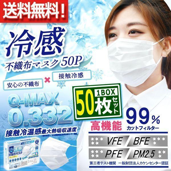 Q-MAX0.332接触冷感不織布マスク高機能99％カットフィルター1BOX（50枚