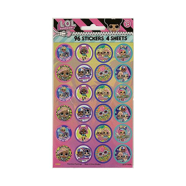 LOLサプライズの丸型シールです☆同じ柄のシールシートが4枚入っています。アメリカからの輸入品です。いろいろなものに貼ってデコレーションしたり、ごほうびシールとしてもおすすめです！■シールシートサイズ：約タテ15.4×ヨコ10.4cm■シー...
