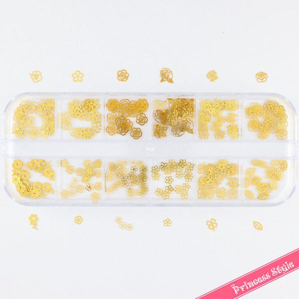 薄型メタル パーツ ゴールド２４０枚 ネイル レジン用セット １２種類×各２０個ケース入 (フラワー)  【 UVレジン レジン レジン封入 封入 】